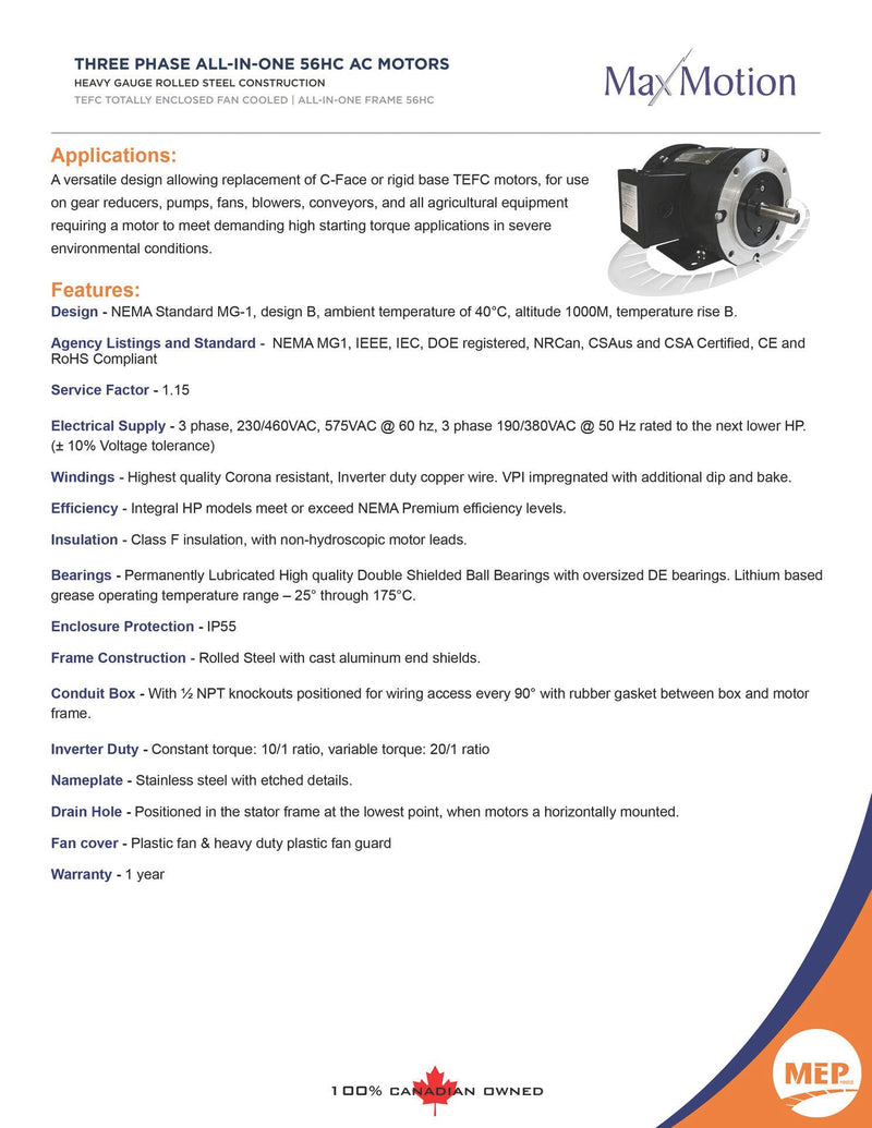 MAXMOTION 1HP 3 Phase Motor (3600 RPM)